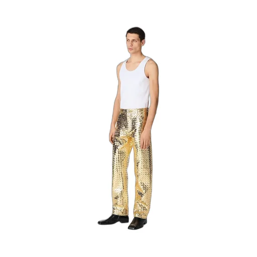 Laminated Intrecciato Leather Straight Pants