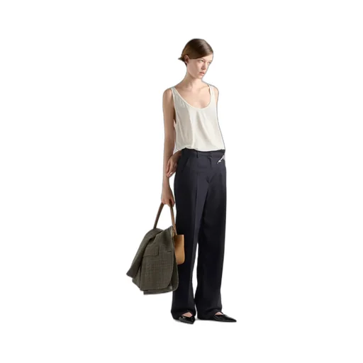 Old-Wash Gabardine Pants With Jeweled Brooch