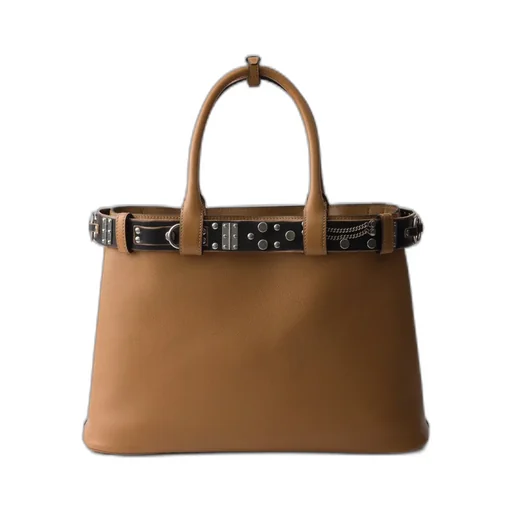 Large Prada Buckle Leather Bag With Studded Belt