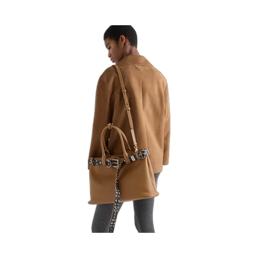 Large Prada Buckle Leather Bag With Studded Belt