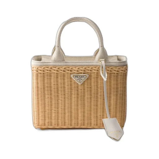 Medium Wicker And Linen Blend Tote Bag