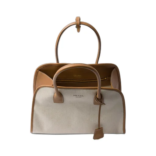 Medium Linen Blend And Leather Tote Bag