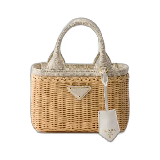Mini Wicker And Linen Blend Tote Bag