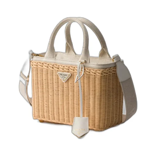 Medium Wicker And Linen Blend Tote Bag