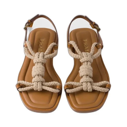 Flat Leather And Cord Sandals