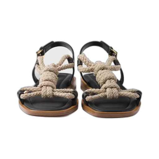 Flat Leather And Cord Sandals