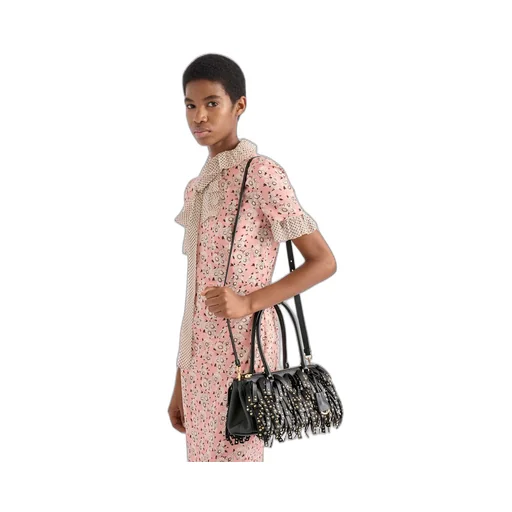 Prada Galleria Medium Nappa Leather Bag With Fringe And Studs