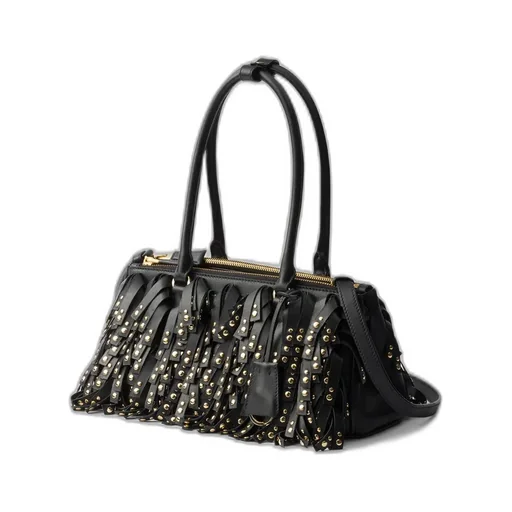 Prada Galleria Medium Nappa Leather Bag With Fringe And Studs