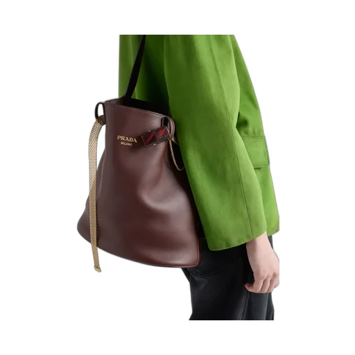 Prada Buckle Leather Bucket Bag With Jeweled Belt