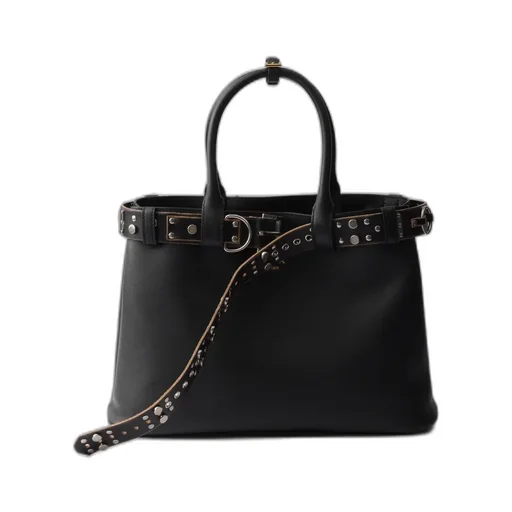 Large Prada Buckle Leather Bag With Studded Belt