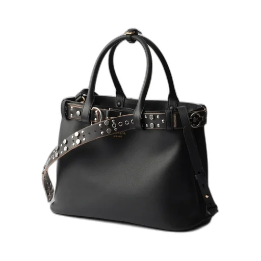 Large Prada Buckle Leather Bag With Studded Belt