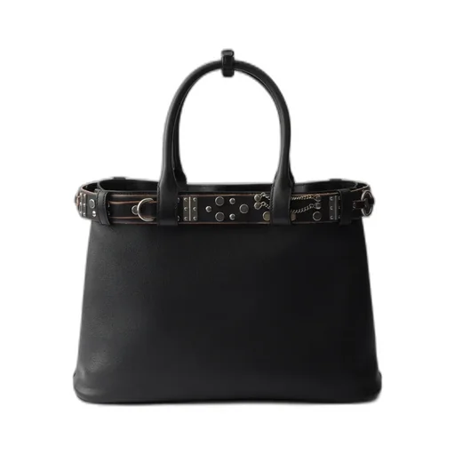 Large Prada Buckle Leather Bag With Studded Belt