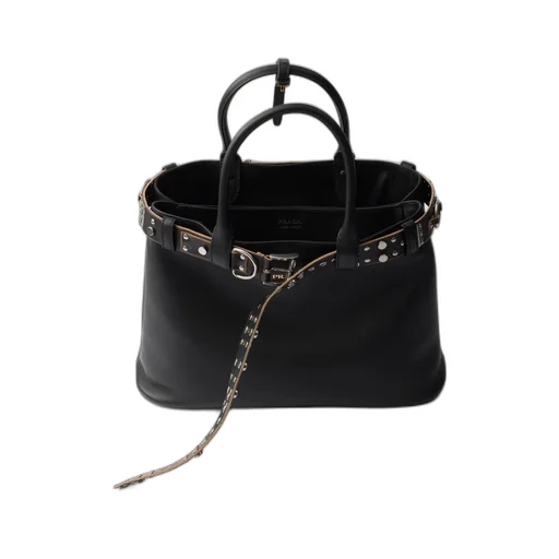 Large Prada Buckle Leather Bag With Studded Belt