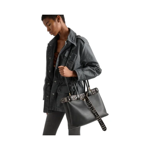 Large Prada Buckle Leather Bag With Studded Belt