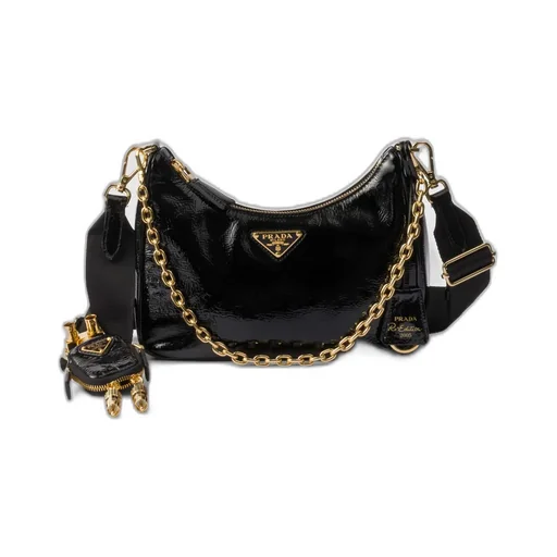 Prada Re-Edition 2005 Naplak Patent Leather Bag With Charm