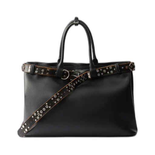 Prada Buckle Leather Bag With Studded Belt