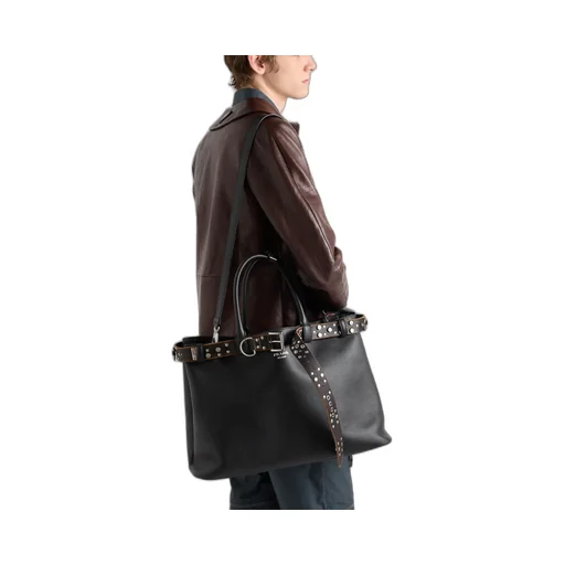 Prada Buckle Leather Bag With Studded Belt