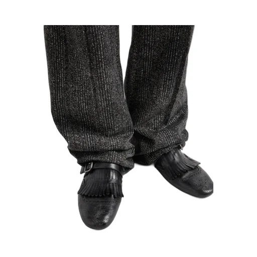 Shuffle Antiqued Leather Mules With Buckled Strap And Fringe