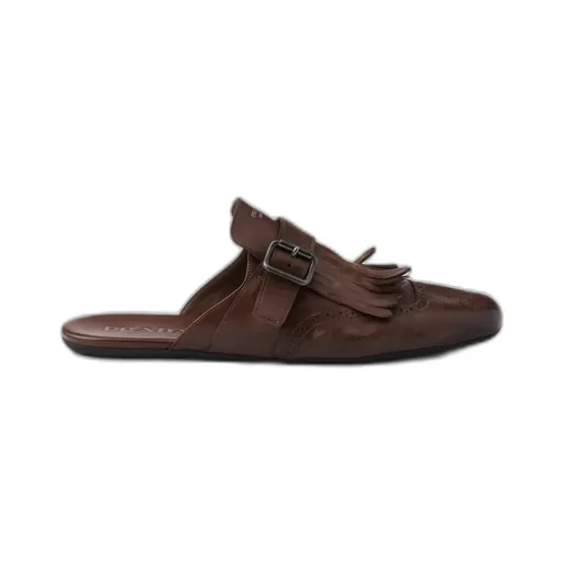 Shuffle Antiqued Leather Mules With Buckled Strap And Fringe