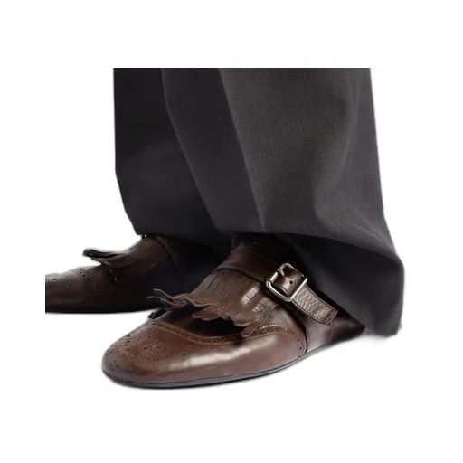 Shuffle Antiqued Leather Mules With Buckled Strap And Fringe