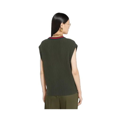 Rib Felted Wool Cardigan Vest With Web