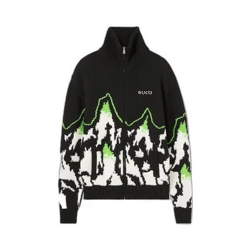 Wool Jacquard Zip Jacket With Intarsia