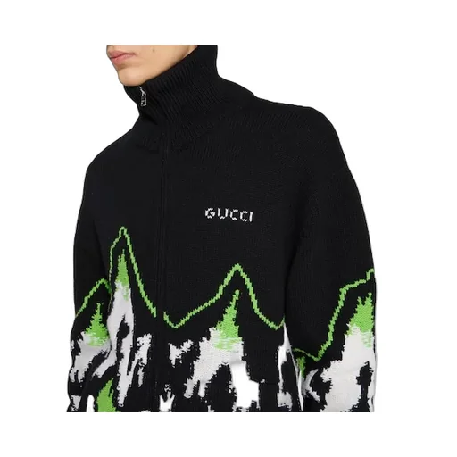Wool Jacquard Zip Jacket With Intarsia