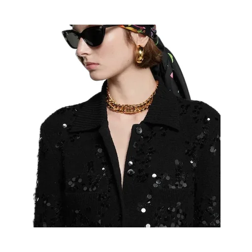 Tweed Blend Polo Cardigan With Embroidery
