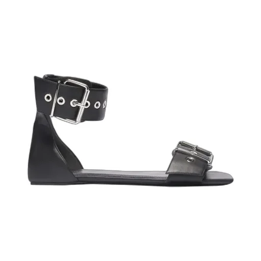 Silver And Black Ankle Strap Flat Sandals