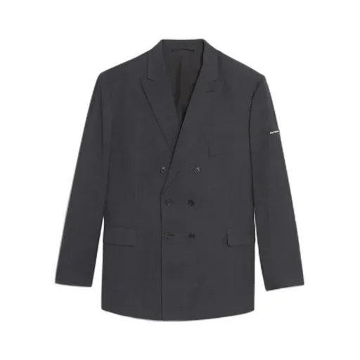 Grey Plaid Washed Double-Breasted Jacket