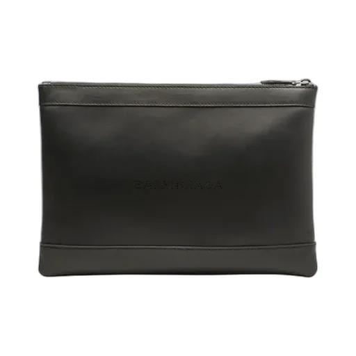 Navy Leather Clip Medium Pouch - Black