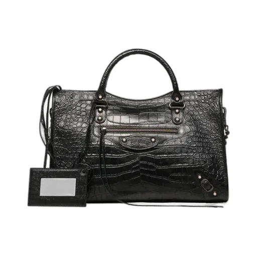 Classic City Bag In Giant Croc Embossed Calfskin - Black