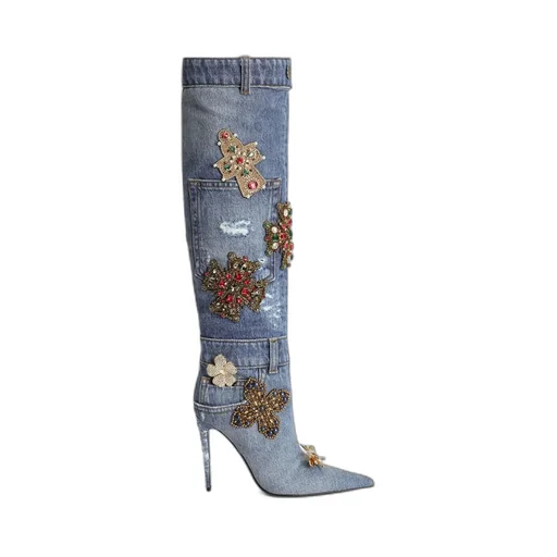 Embellished Denim Boots