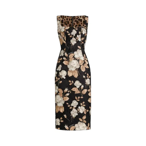 Rose-Print Square-Neck Midi Dress