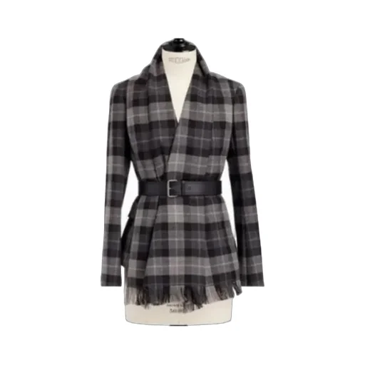 Checkered Belted Removable Scarf Jacket