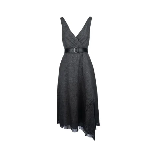 V-Neck Belted Fringed Edge Dress