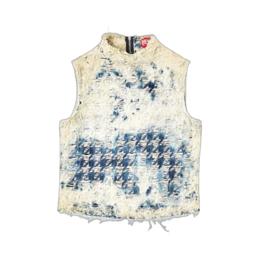 Sleeveless Top In Houndstooth-Weave Denim