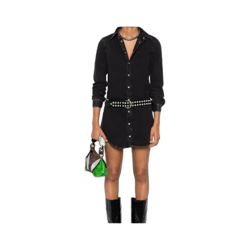 Long-Sleeve Buttoned Denim Shirt Mini Dress