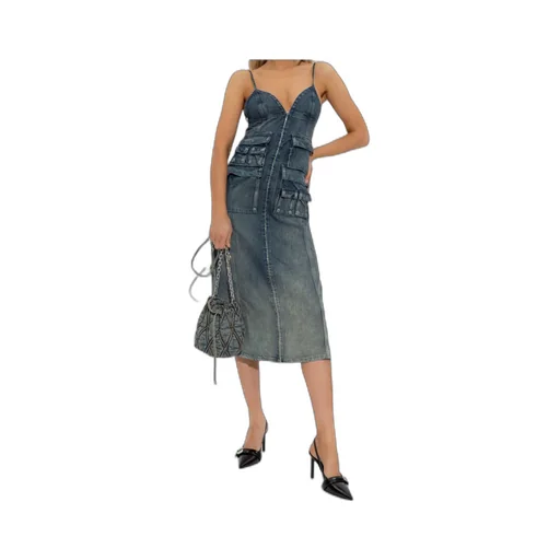 Zip-Up Denim Midi Dress