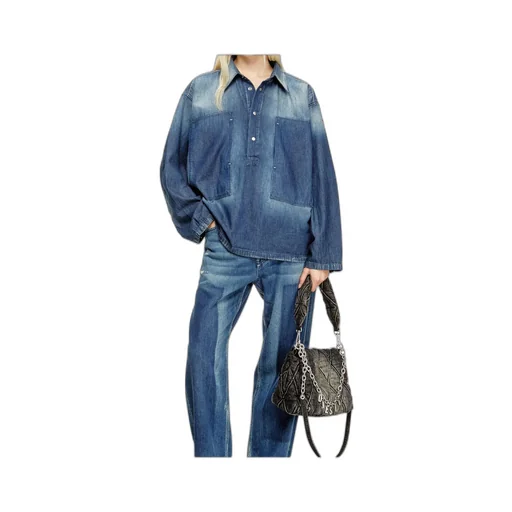 Henley Straight-Hem Denim Shirt