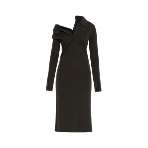 Button Detailed Ribbed-Knit Midi Dress