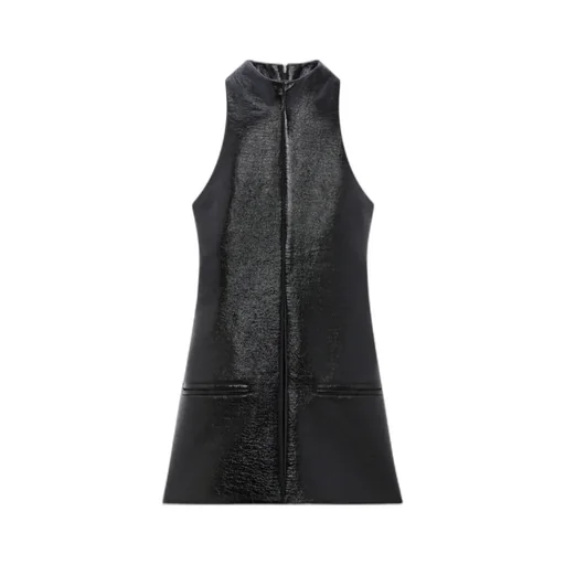 Mock-Neck Sleeveless Vinyl A-Line Dress