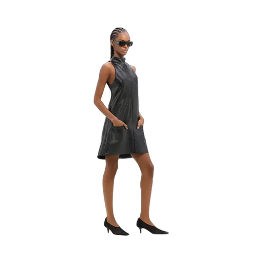 Mock-Neck Sleeveless Vinyl A-Line Dress
