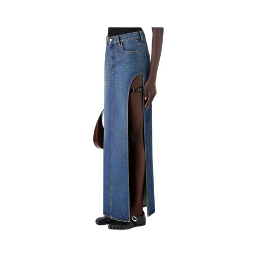 Belt-Detail Side-Split Denim Skirt