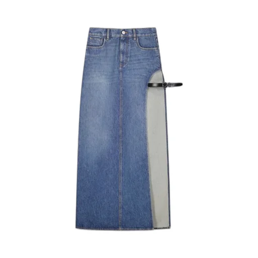 Belt-Detail Side-Split Denim Skirt