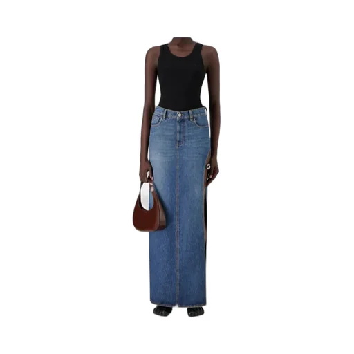 Belt-Detail Side-Split Denim Skirt