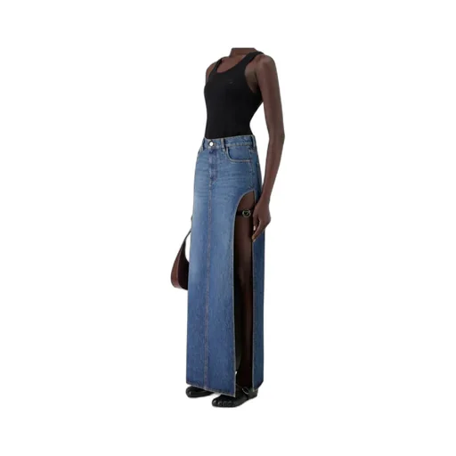 Belt-Detail Side-Split Denim Skirt