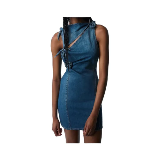 Asymmetric Flower Mini Denim Dress