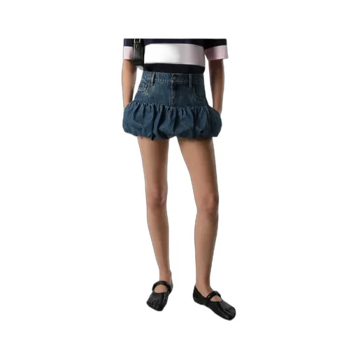 Gathered-Hem Denim Mini Skirt
