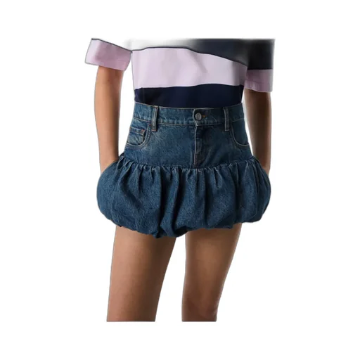 Gathered-Hem Denim Mini Skirt